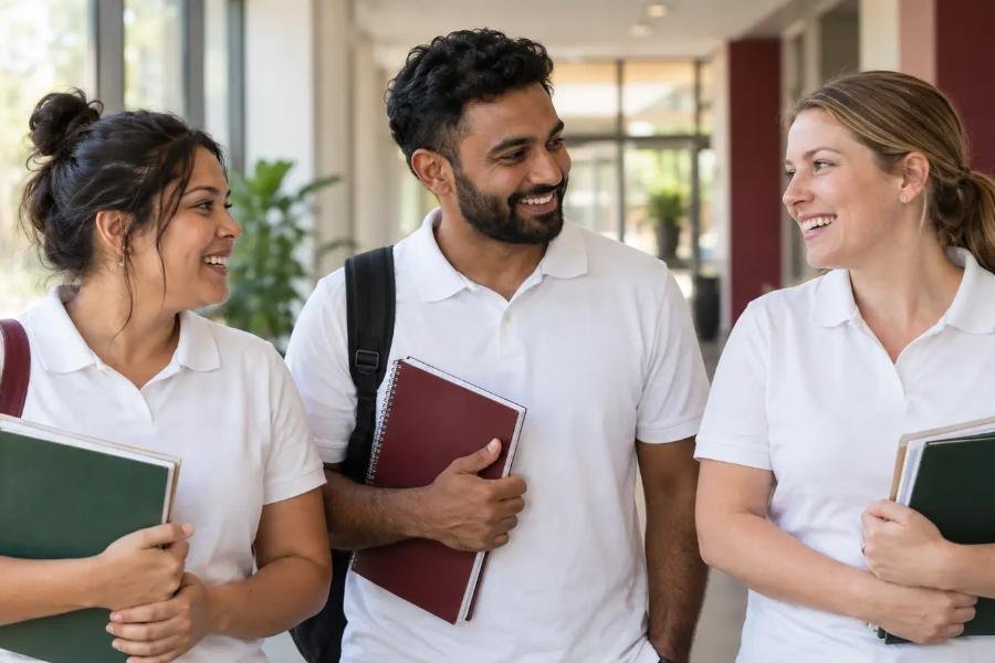 Sage students and trainers outside the campus